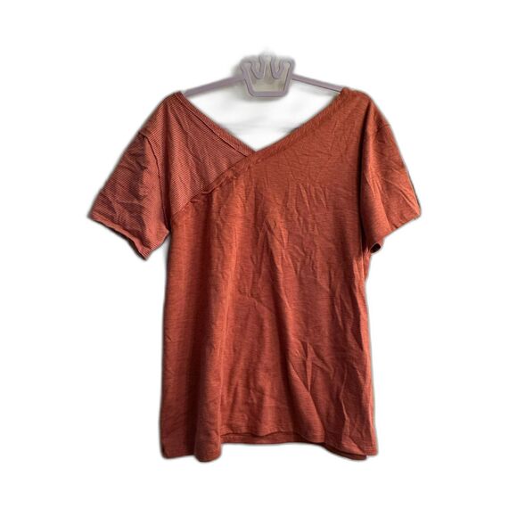 Short Sleeve Rust Solid and Striped V Neck Shirt XL - Picture 3 of 7